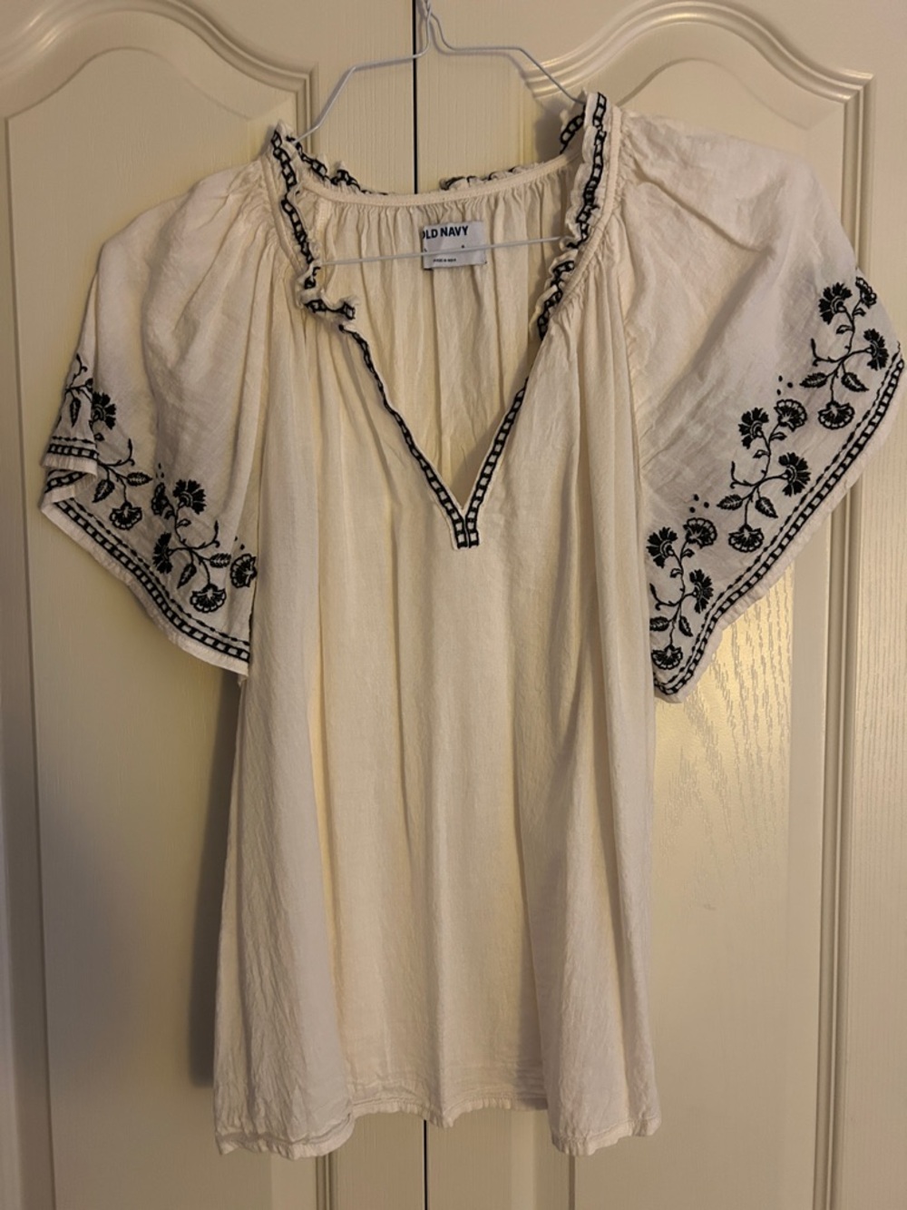 Old Navy Cream Blouse with Black Floral Embroidery